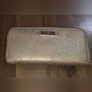 Cole Haan Antique Pewter Gold Leather Clutch Envelope Purse Zip Closure